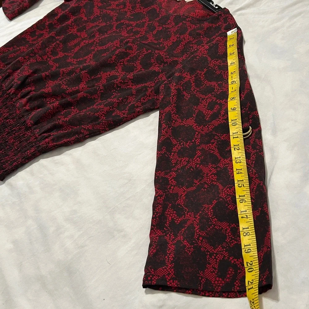 Michael Kors Red & Black Abstract Lace Print Smocked Waist Blouse